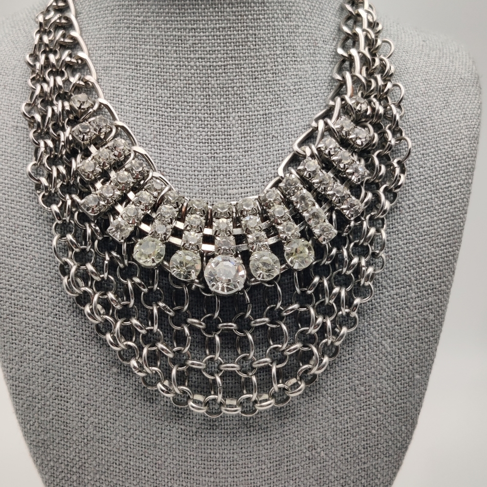 Vintage Prong-set rhinestone and chainmail bib style necklace